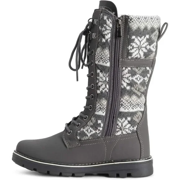 〽️Women's Gray Polar Faux Fur Waterproof Winter Snow Calf Outdoor Walking Boots